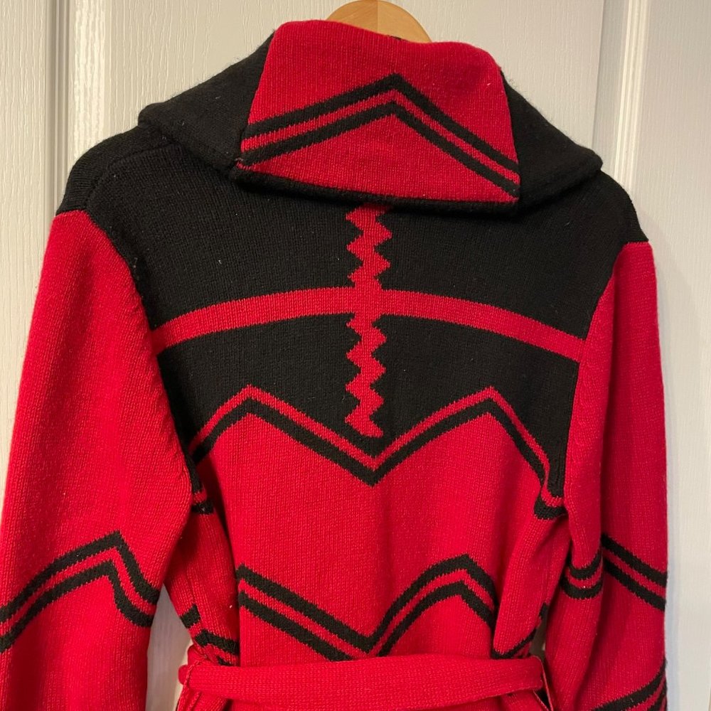 Lauren Ralph Lauren | Red Black Lambswool Aztec Belted Shawl Cardigan L Large - Picture 7 of 8
